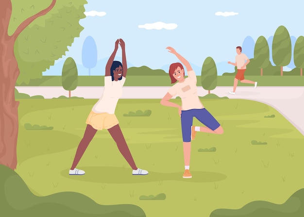 Friends exercising in park flat color vector illustration