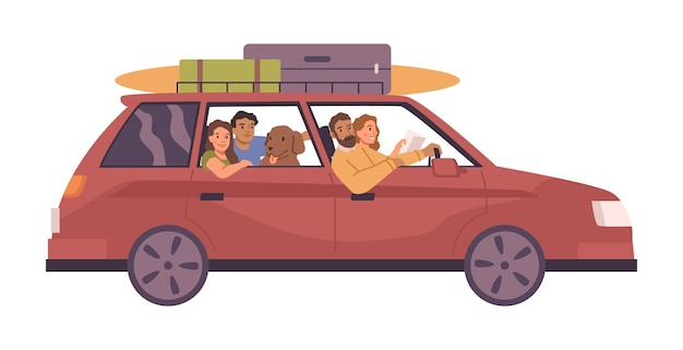 Vector friends or family traveling by car