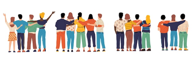 Vector friends from behind hugging happy characters back view friendship illustration with boys and girls standing together group of friends men and women good relationships vector set