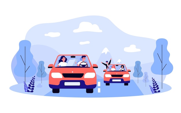 Vettore amici che vanno in viaggio insieme. illustrazione vettoriale piatto. giovani uomini e donne che viaggiano su due auto identiche lungo un percorso prestabilito. avventura, amicizia, trasporti, viaggi, concetto di auto