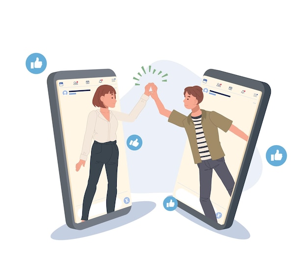 friends greeting hi gesture from mobile phone virtual meeting messenger app conceptonline friendship