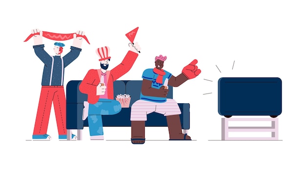 Вектор Группа друзей смотрит телевизор спортивный матч эскиз векторные иллюстрации изолированные