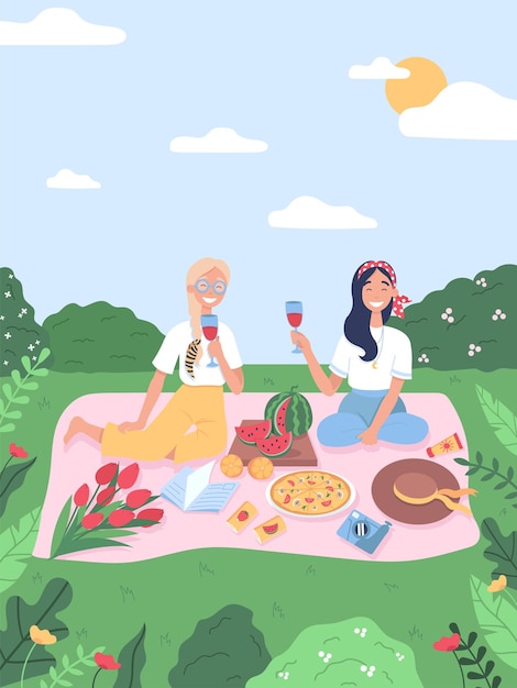 Vector friends have picnic in park. girls on summer recreation activities.