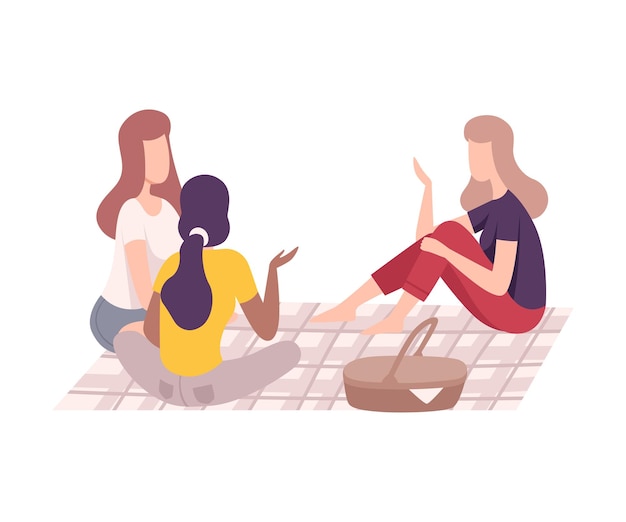 Vector friends having picnic in the park people relaxing on nature female characters eating and talking outdoors flat vector illustration