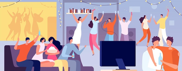 Домашняя вечеринка друзей квартирный вечер молодые подростки ночные танцы в квартире люди разговаривают, смотрят телевизор или играют в видеоигры полная векторная иллюстрация