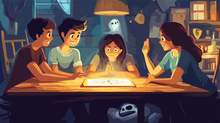 Vector friends interacting with ouija board while ghost in background