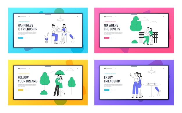 Friends and Loving Couple Spend Time Together Website Landing Page Set.