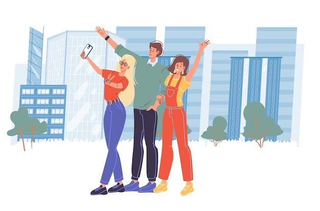 Vector friends making selfie by smartphone