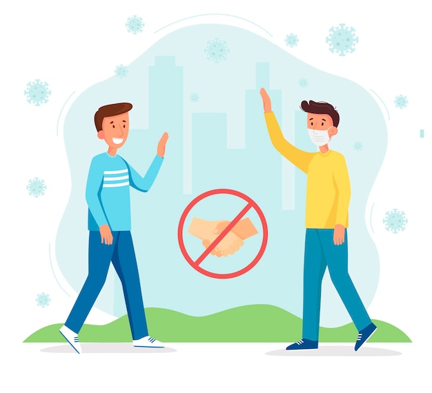 Friends meet during a coronavirus pandemic. Do not contact and handshake. Vector illustration flat design.