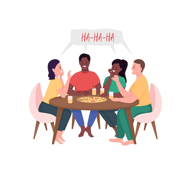 Vector friends meeting over pizza flat color illustration