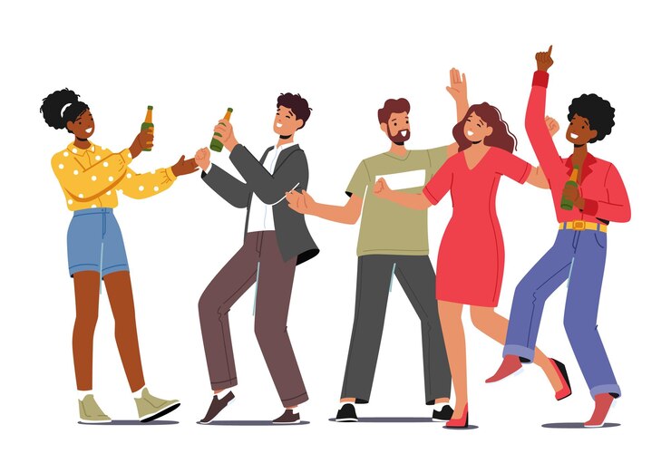 Vector friends party with drinks friendship concept group of cheerful happy young people rejoice laughing and drinking beer