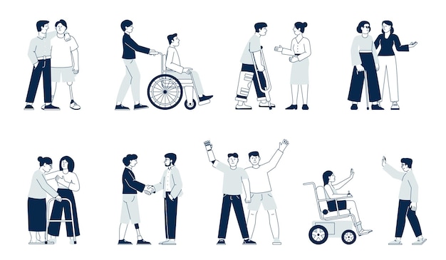 Friends people diverse relationships Boy and girl student in wheelchair Active handicap person recent vector characters