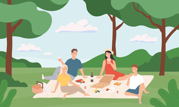 Amici al picnic. giovani uomini e donne felici che pranzano insieme all'aperto, riposano sull'illustrazione di vettore del fumetto delle vacanze estive della natura. picnic estivo e ricreazione, giovani felici insieme riposano