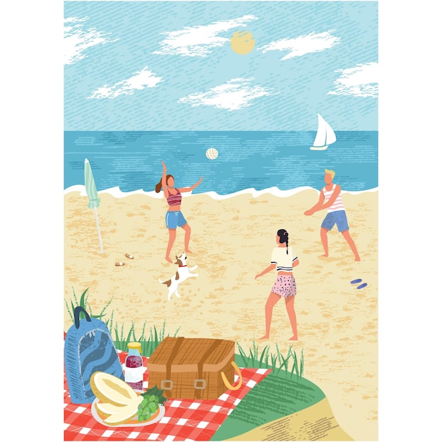 Друзья играют в пляжный волейбол, векторный мультфильм