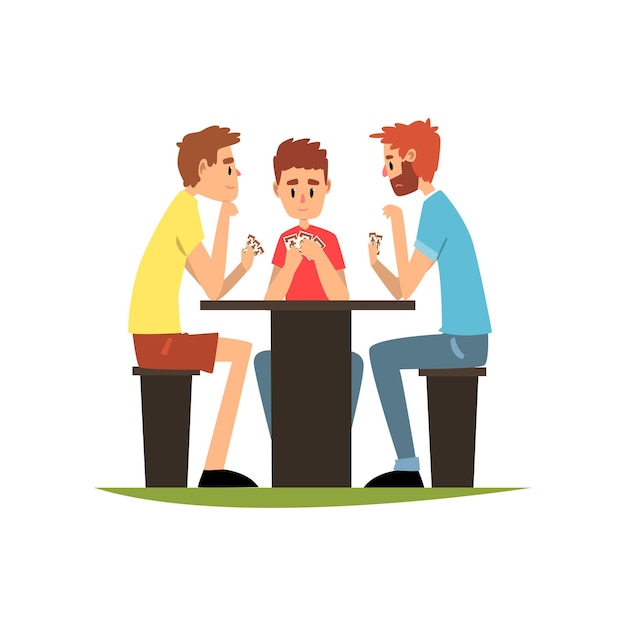 Friends playing cards sitting at the table men having good time together vector illustration on a