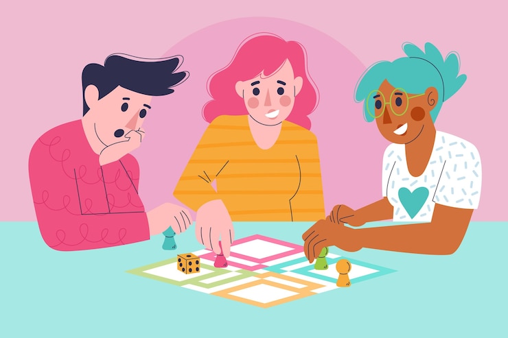 Vector friends playing ludo game
