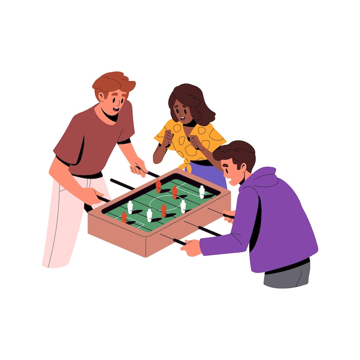 Vector friends playing soccer table game people players during foosball toy football characters and fun leisure activity entertainment colored flat vector illustration isolated on white background