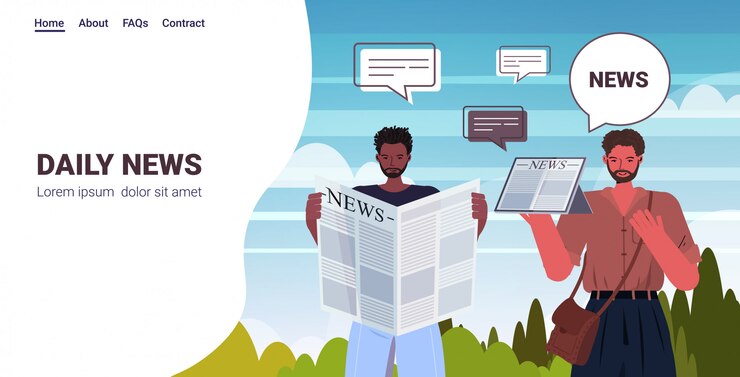 Vector friends reading and discussing daily news during meeting chat bubble communication concept mix race men walking outdoor portrait horizontal copy space illustration