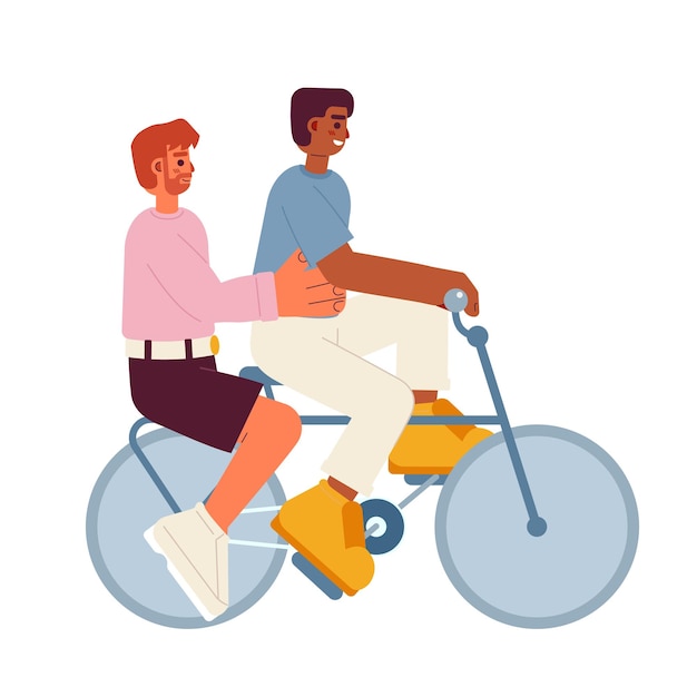 Друзья катаются на велосипеде полуплоские цветные векторные персонажи Велосипед для двоих Активный отдых на свежем воздухе Редактируемые люди в полный рост на белом Простая мультяшная иллюстрация пятна для веб-графического дизайна