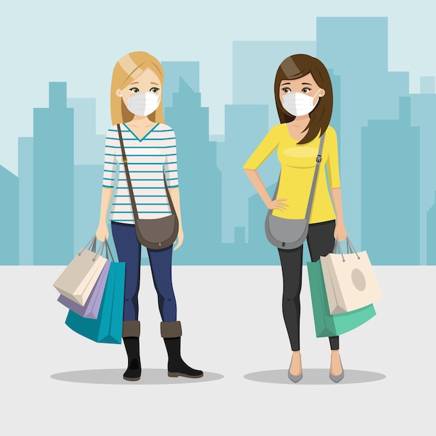 Friends shopping together with mask on a city background