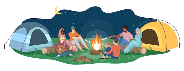 Vector friends sit by campfire flat vector illustration