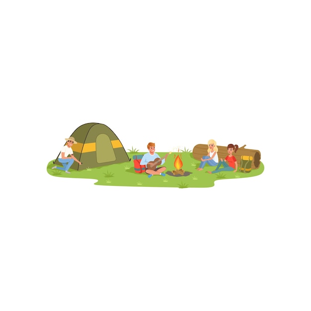 Friends sitting next the fire, enjoying camping, traveling and relaxing concept, summer vacations vector illustration isolated on a white background.