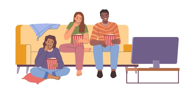 친구 들 이 집 에 앉아 TV 를 보고 있다
