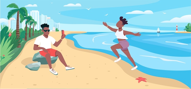 Vector friends taking photo at sandy beach flat color illustration. summertime recreation.