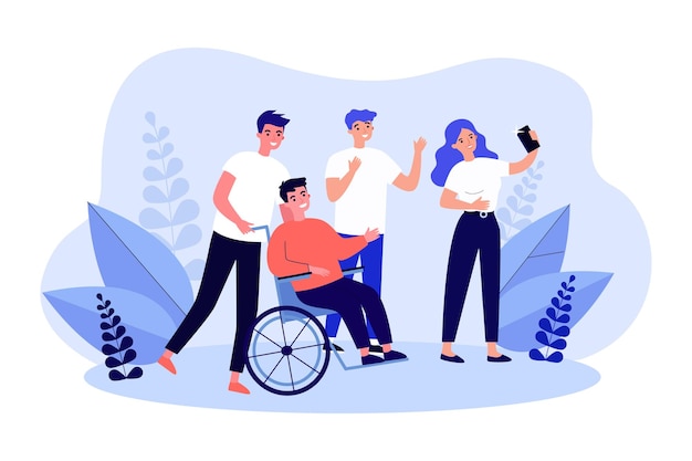 Vector friends taking selfie together with man in wheelchair. group of people taking photo with guy with physical disability flat vector illustration. disability, friendship, communication concept for banner