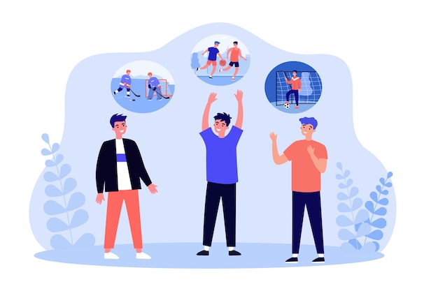 Friends talking about team sport games in bubbles above heads. boys meeting for conversation flat vector illustration. communication, school concept for banner, website design or landing web page