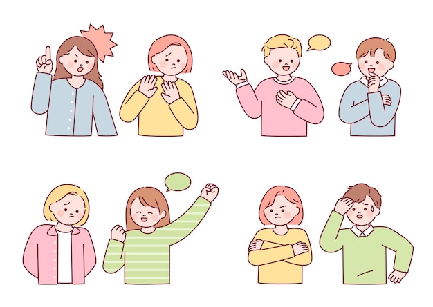 Friends talking with various emotions flat design style vector illustration