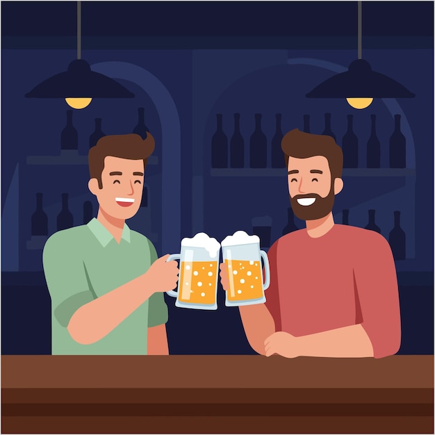 friends toasting beer at bar happy hour illustration