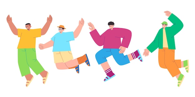 Friends together fun jump joy fun cartoon colorful group of male man freedom teen pose active