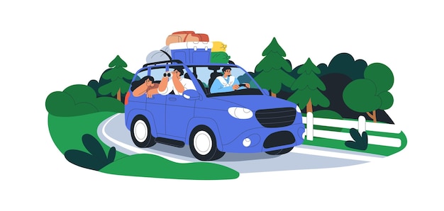Friends travel by car Tourists in road trip on way for camping in nature forest Summer holiday adventure Driving for vacation weekend Flat vector illustration isolated on white background
