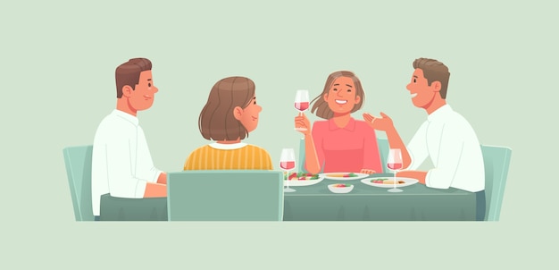 Vector friends or two family couples sitting table talking drinking wine eating