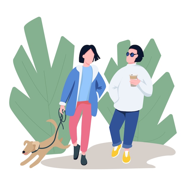 Vector friends walking with pet flat color vector faceless characters.