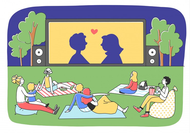Vector friends watching movie in evening at outdoor cinema