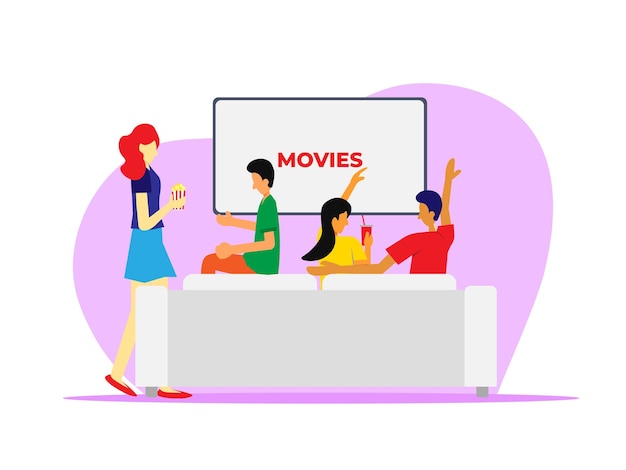 Vector friends watching movie together and enjoy some snacks and popcorn covered by cheerful ambience