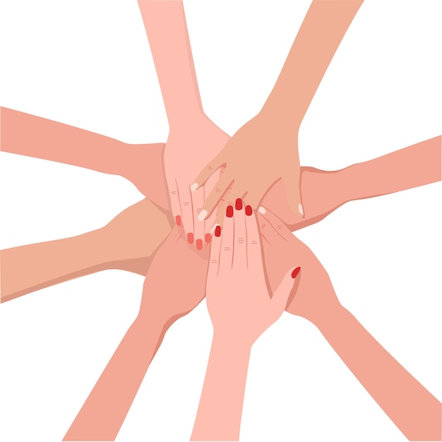 Friends with stack of hands showing unity and teamwork, top view