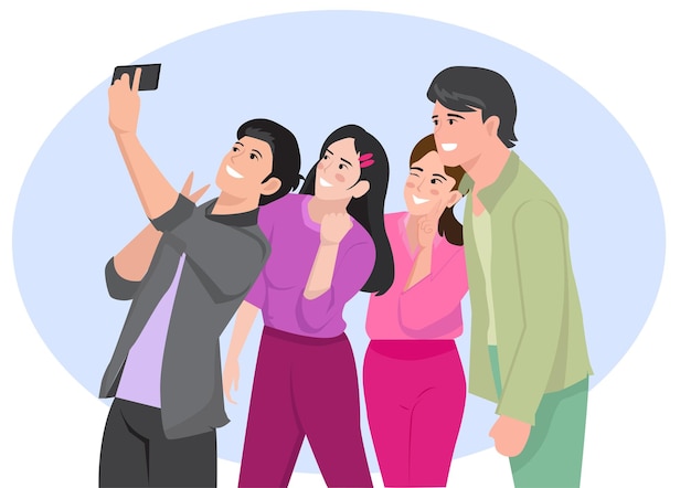 Vector friends young men and women take selfies together capture the most impressive atmosphere