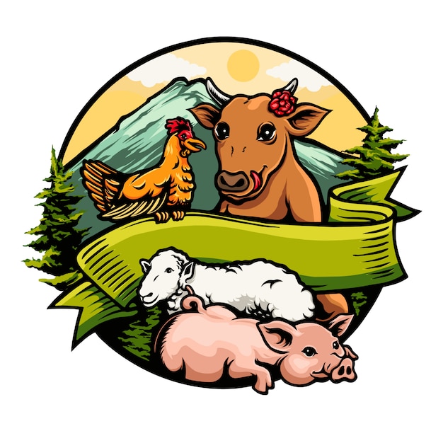 Friendship Among Cow Chicken Pig Sheep Logo Illustration