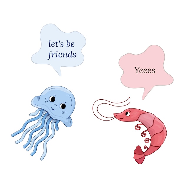 Friendship Day happiness let is be friends shrimp and jellyfish vector cartoon illustration