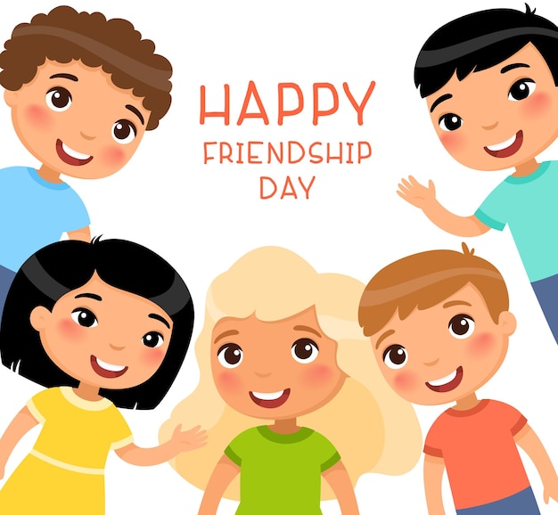 Vector friendship day square frame with five international children