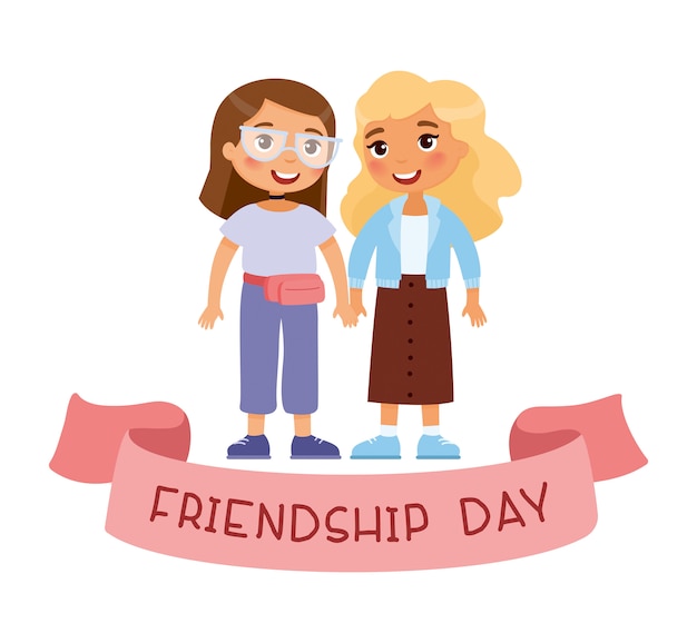 День дружбы. две молодые милые девушки, взявшись за руки. забавный мультипликационный персонаж.