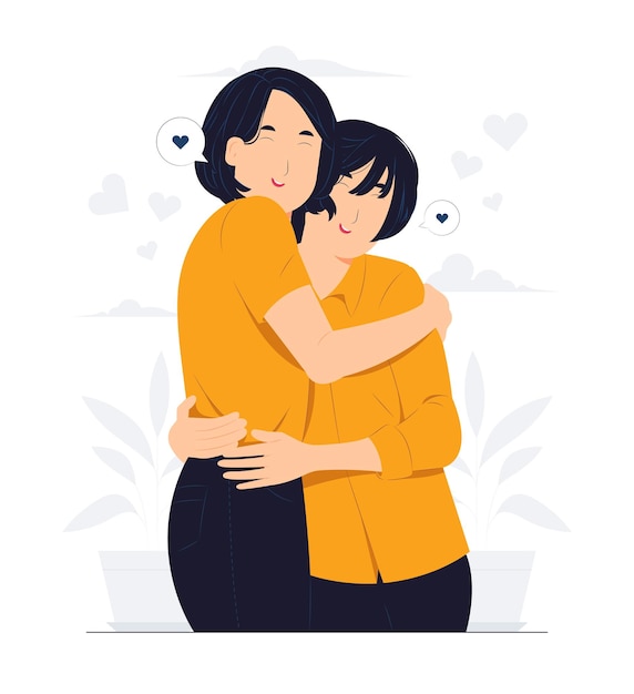 Friendship Between happy two friends young women meeting hugging and embracing each other in love concept illustration