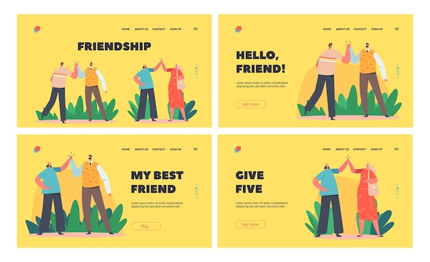friendship landing page template set informal greetings happy people giving five cheerful friends or colleagues joy