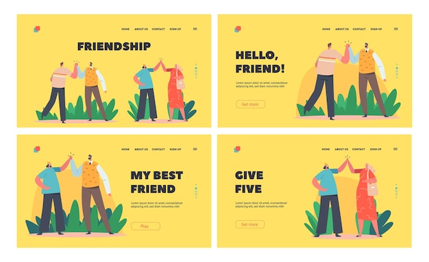 Vector friendship landing page template set informal greetings happy people giving five cheerful friends or colleagues joy