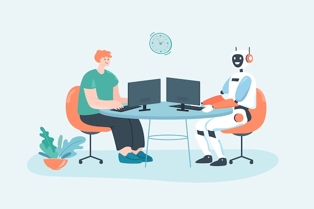 friendship between male office worker and modern robot. man and robotic character at computers, future digital workforce flat vector illustration. technology, ai, cooperation concept for banner