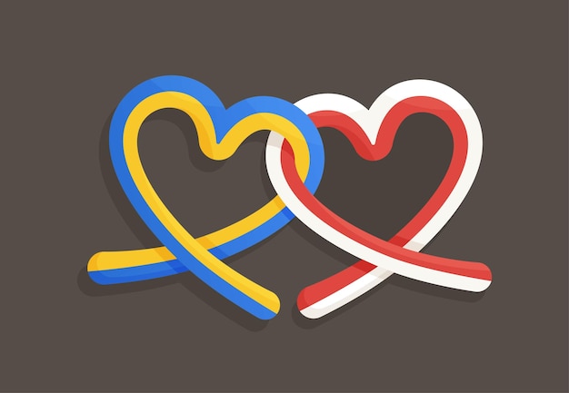 Vector friendship between ukraine and poland vector illustration of heartshaped ribbons with flags