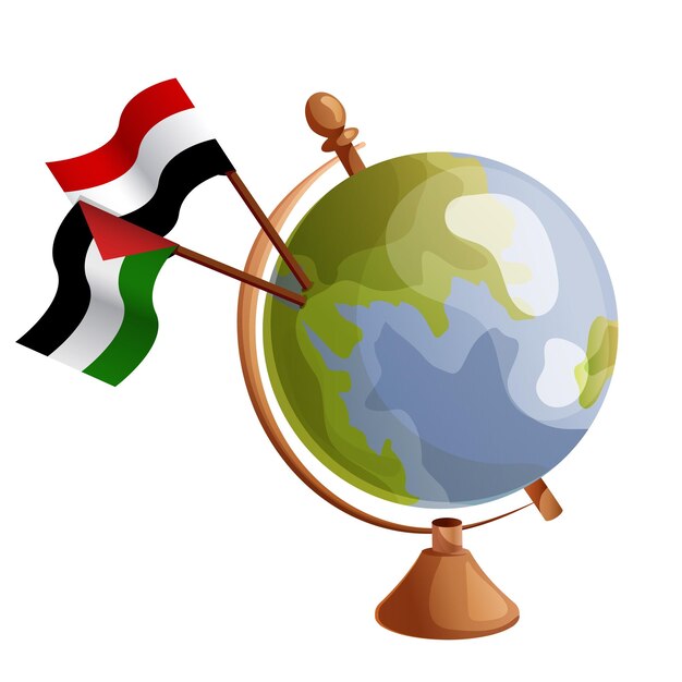 Vettore concetto di amicizia e unità il palo delle bandiere dello yemen e della palestina su illustrazione vettoriale del globo